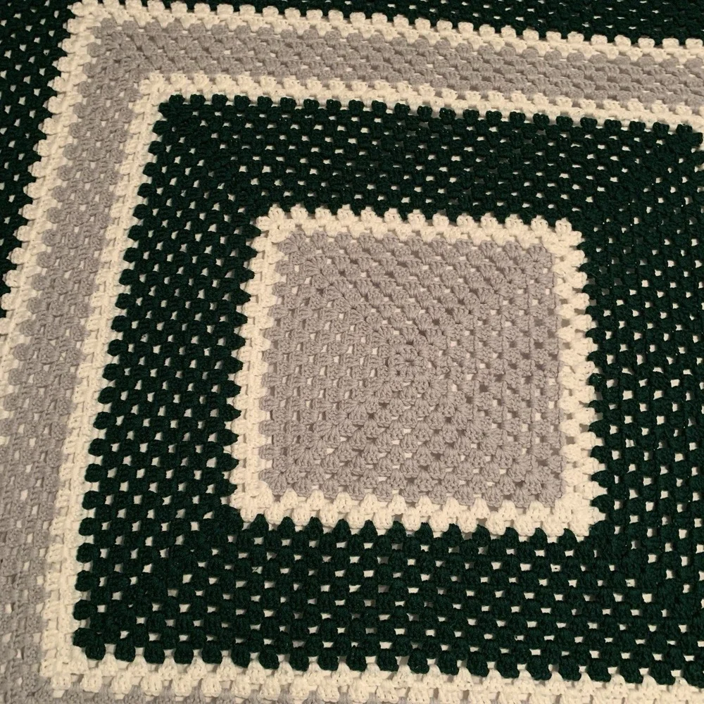 Vintage Handmade Crochet Afghan Blanket Green Gray White 65 X 65‎ Granny Square